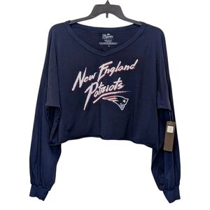 Majestic Threads Women's Drake Maye NE Patriots Navy Off Shoulder V-Neck Tee NWT